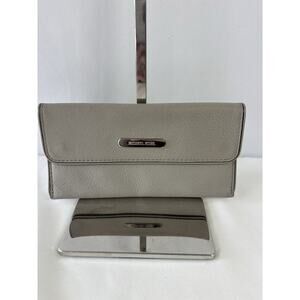 Michael Kors Light Grey Leather Wallet Envelope Clutch Snap Close Zipper Pocket
